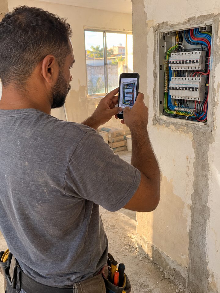 Eletricista testando um circuito no quadro