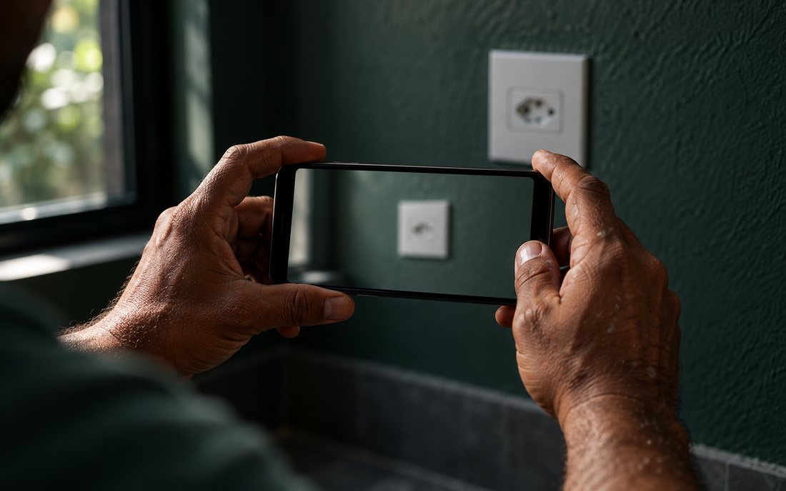 Mãos fotografando uma tomada nova com o celular